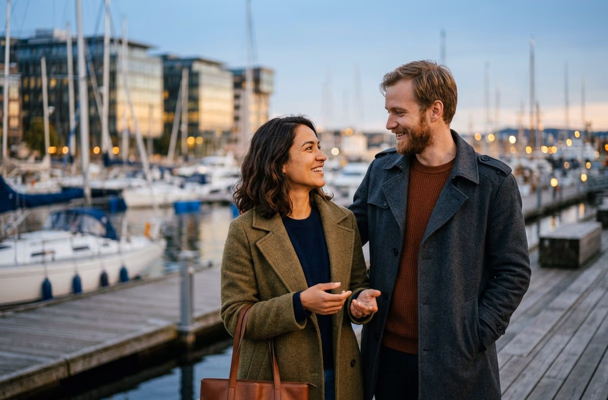 Ein Abend an der Aker Brygge, Oslo — ein müheloses erstes Treffen Ein Paar dicht beieinander an der Uferpromenade Aker Brygge in Oslo in der Abenddämmerung