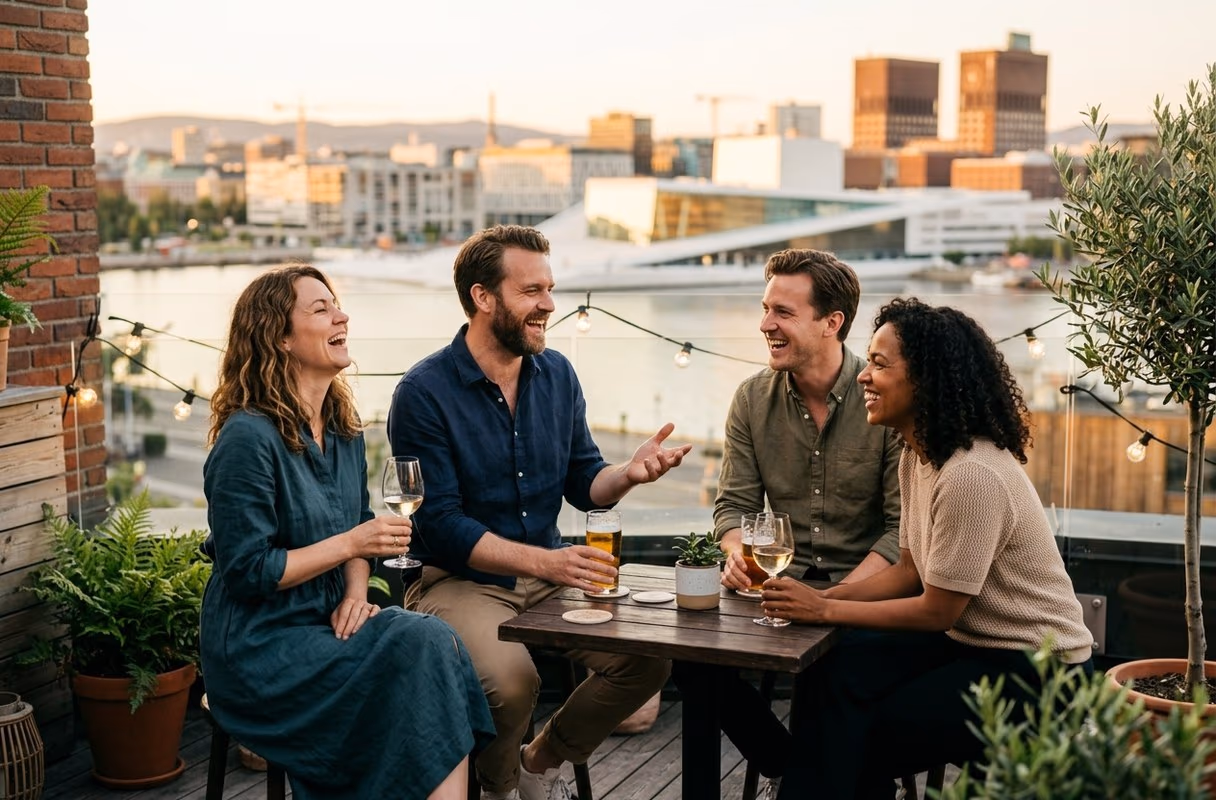 Ein entspannter Abend unter aufgeschlossenen Menschen — das Bild danach Eine kleine Gruppe Freunde lacht auf einer Dachterrasse in Oslo im warmen Licht eines Sommerabends