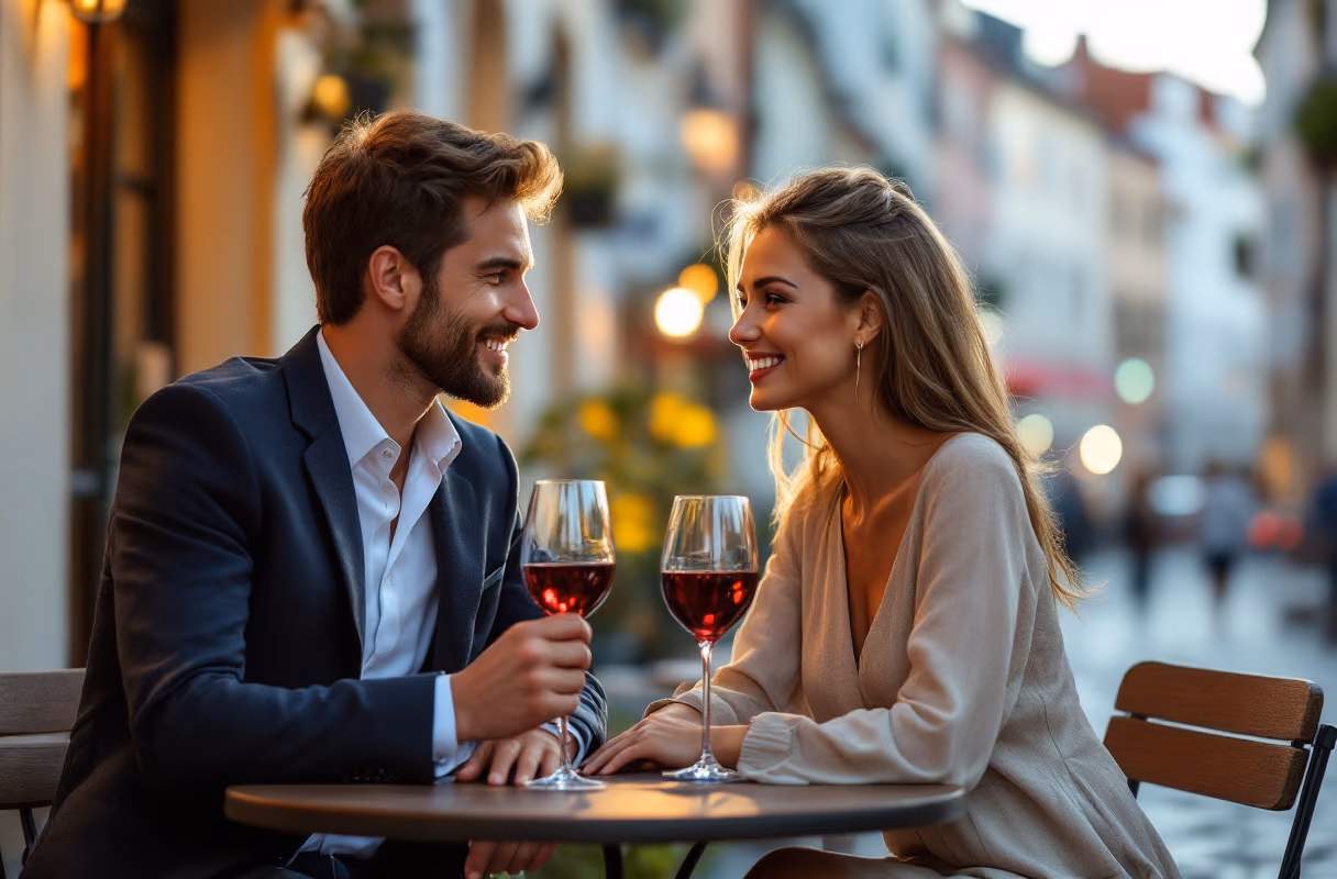 Ein Paar teilt sich einen Drink auf einer Café-Terrasse in der Altstadt von Bratislava
