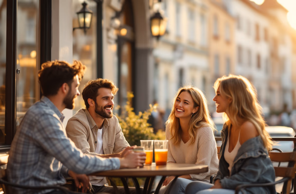 Vier Freunde entspannen gemeinsam auf einer Café-Terrasse in Bratislava zur goldenen Stunde