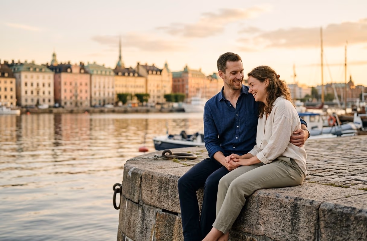 Ein Kai in Stockholm im Sommerlicht — ein müheloses erstes Treffen Ein Paar sitzt dicht beieinander an einem Kai in Stockholm an einem hellen Sommerabend