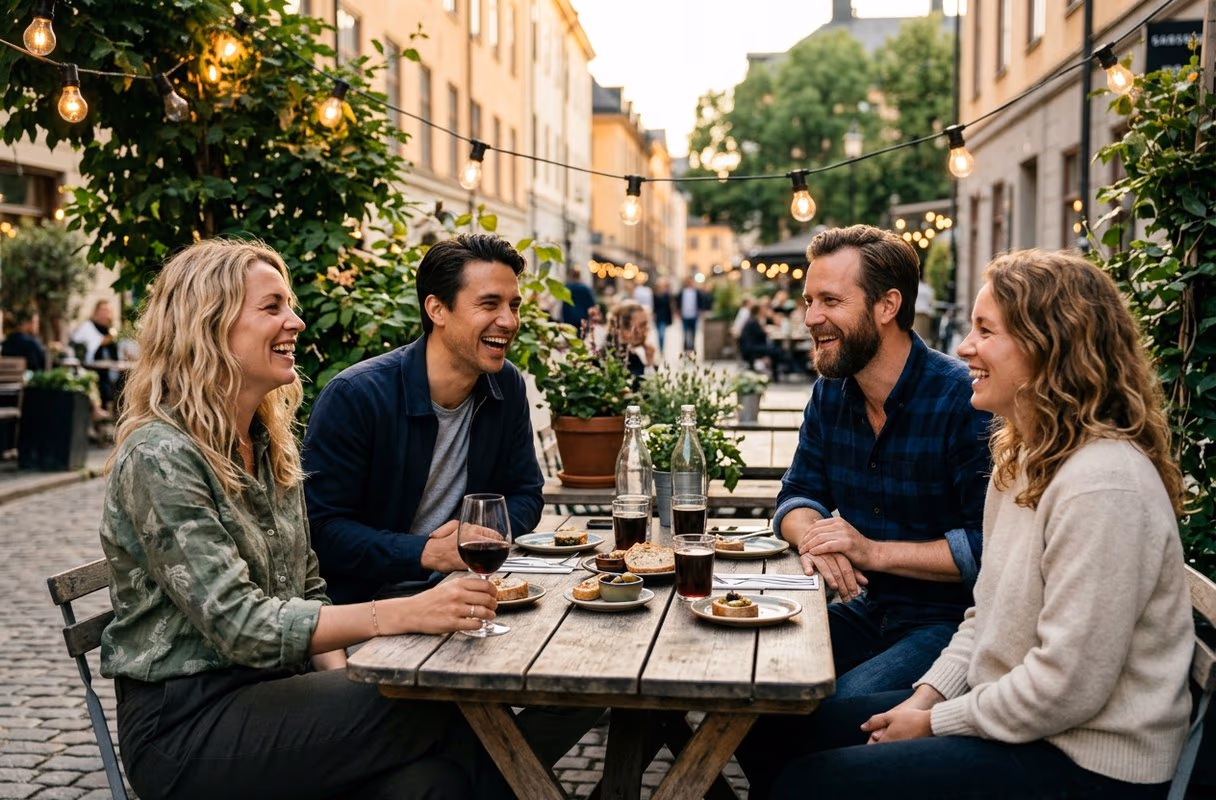 Ein entspannter Abend unter aufgeschlossenen Menschen — das Bild danach Eine kleine Gruppe Freunde lacht an einem Tisch auf einer Terrasse im warmen Abendlicht