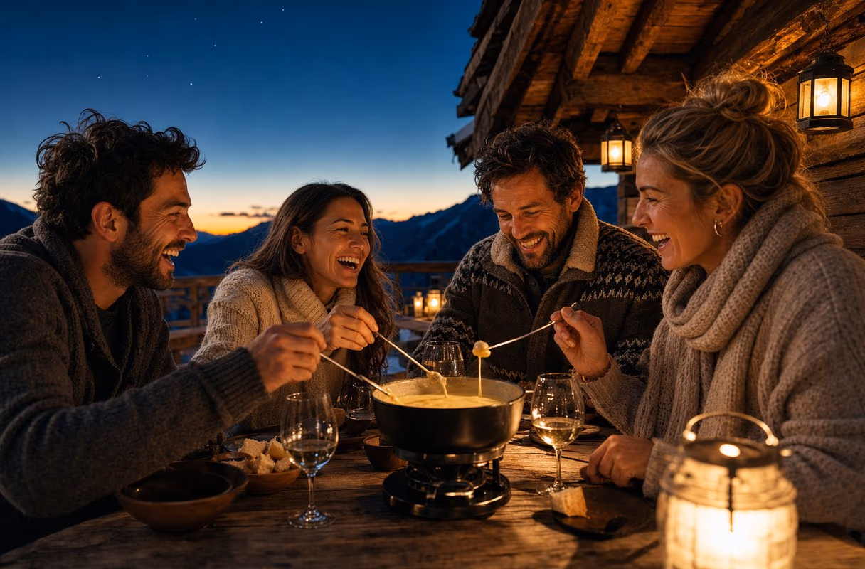 Vier Freunde lachen beim Fondue auf einer Alpenterrasse in der Dämmerung