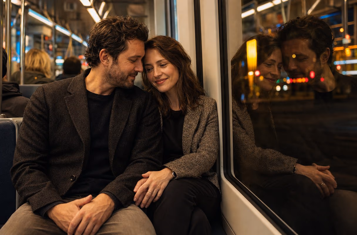 Ein Paar teilt einen stillen Moment im nächtlichen Zürcher Tram, Stadtlichter spiegeln sich im Fenster
