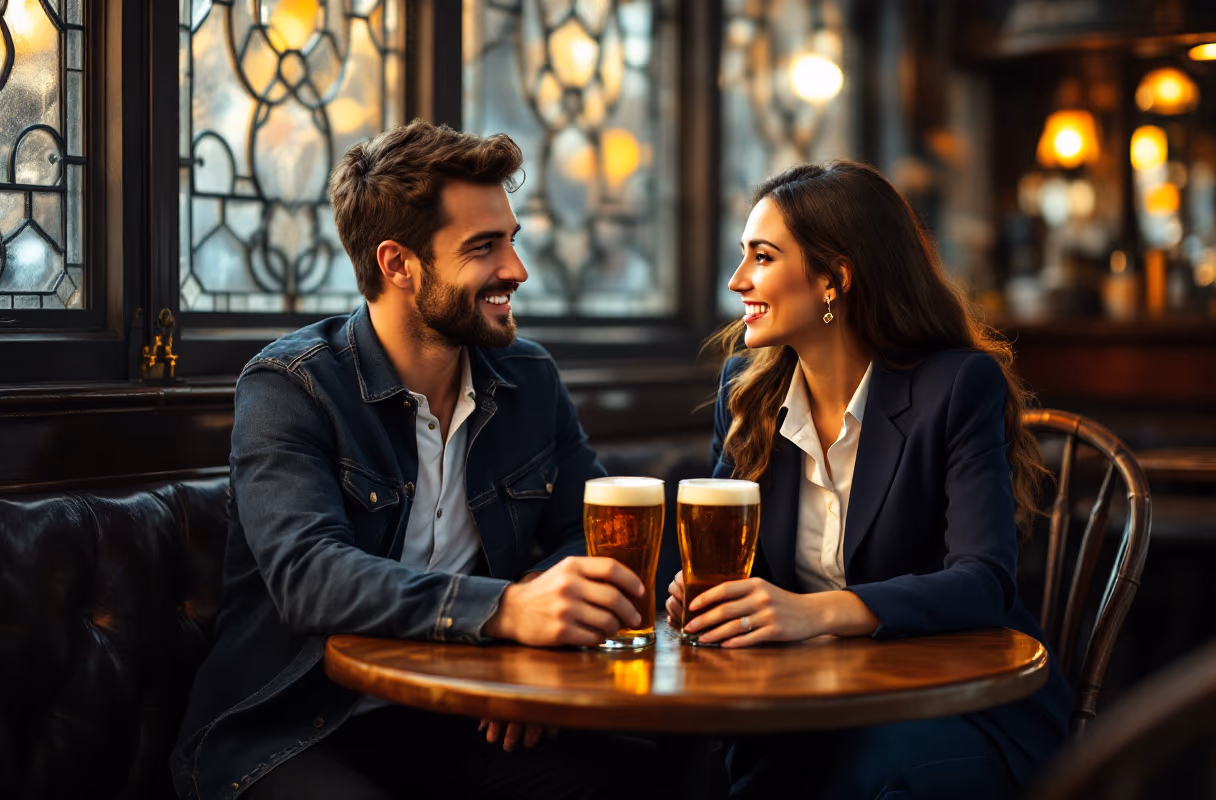 A couple sharing a quiet drink at a traditional British pub