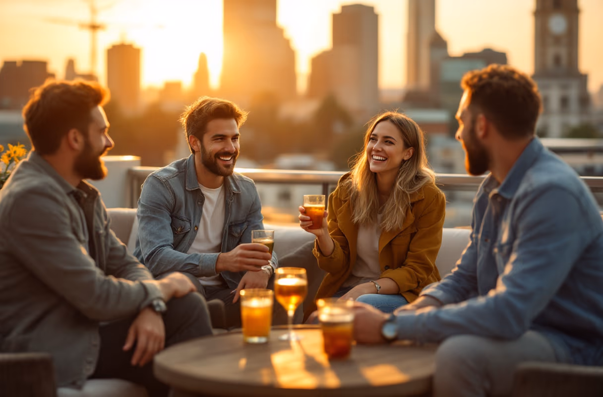 Four friends relaxing together on a London rooftop terrace at golden hour