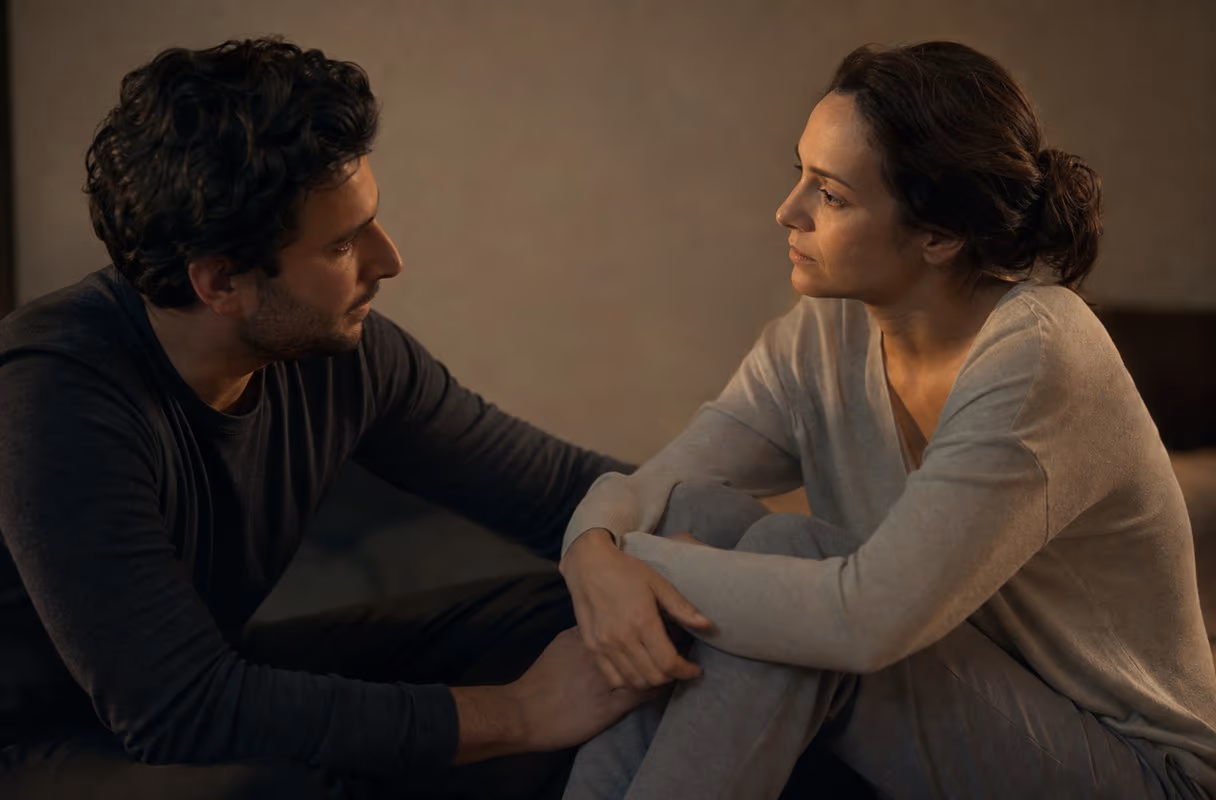 Due adulti seduti vicini che parlano con serietà nella luce calda e soffusa, un momento tranquillo di fiducia e negoziazione prima che qualcosa cominci