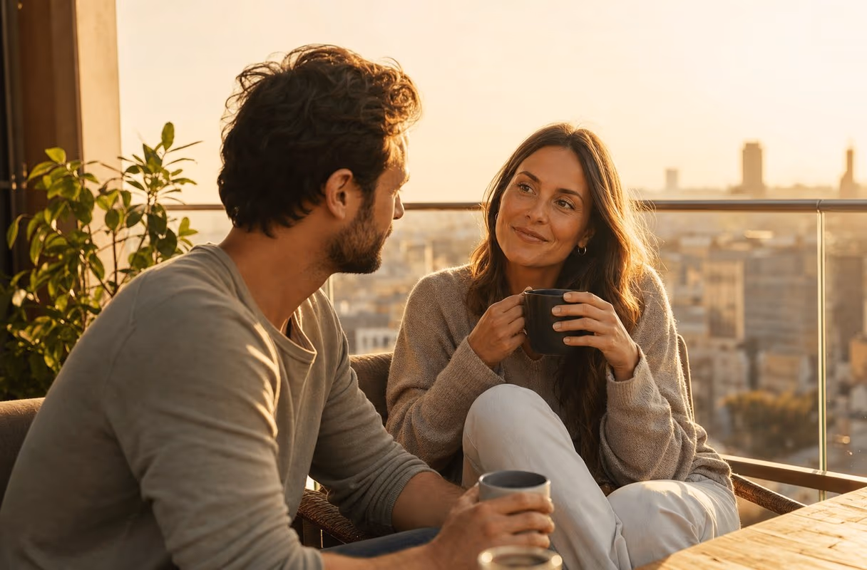 Una coppia seduta vicina su un balcone all'ora dorata, che parla apertamente e con calore davanti a un caffè