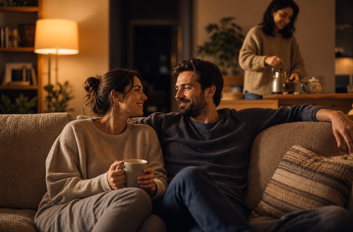 Polyamorie entsteht im Alltag — geteilte Zeit, ehrliche Gespräche und echte Fürsorge Drei Erwachsene sitzen entspannt zusammen auf einem Sofa zu Hause im warmen Abendlicht, eine Person kocht Tee, ganz ungezwungen
