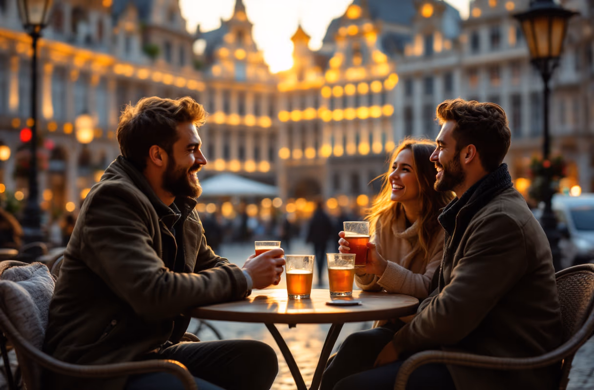 Une terrasse bruxelloise près de la Grand-Place — le cadre naturel d'une première rencontre Quatre personnes à la terrasse d'un café près de la Grand-Place à Bruxelles au coucher du soleil