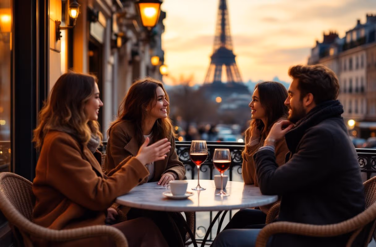 Vier Menschen auf einer Pariser Café-Terrasse bei Sonnenuntergang, der Eiffelturm zwischen den Häusern sichtbar