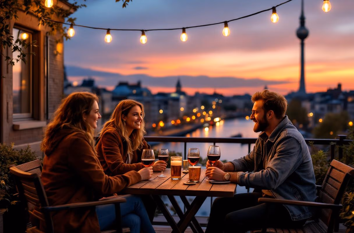 Vier Menschen auf einer Berliner Dachterrasse an der Spree zur blauen Stunde, im Hintergrund der Fernsehturm