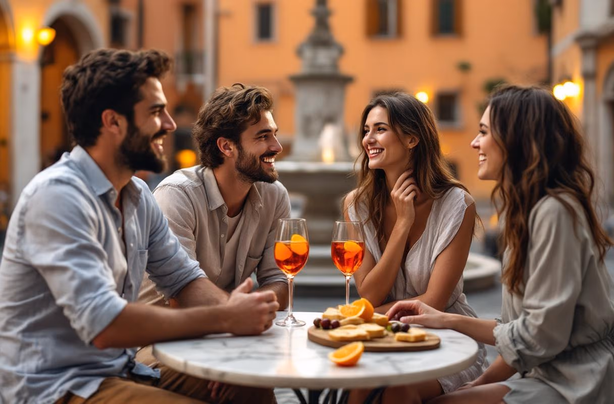 Vier Personen auf einer römischen Piazza beim Aperitivo zur goldenen Stunde