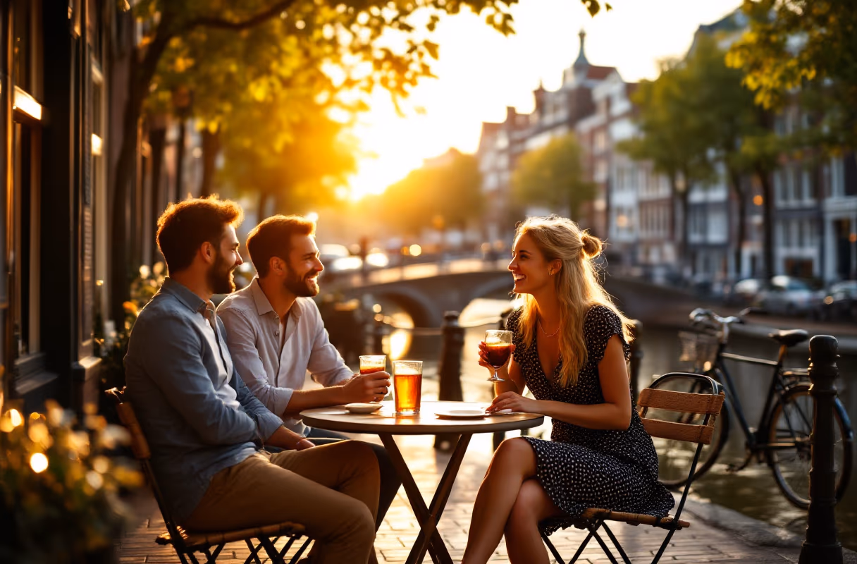 Une terrasse au bord d'un canal d'Amsterdam — le cadre naturel d'une première rencontre Quatre personnes à la terrasse d'un café au bord d'un canal à Amsterdam au coucher du soleil