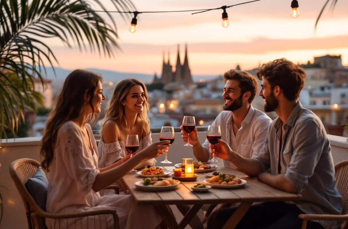 Eine Gruppe Freunde auf einer Terrasse in Barcelona bei Sonnenuntergang