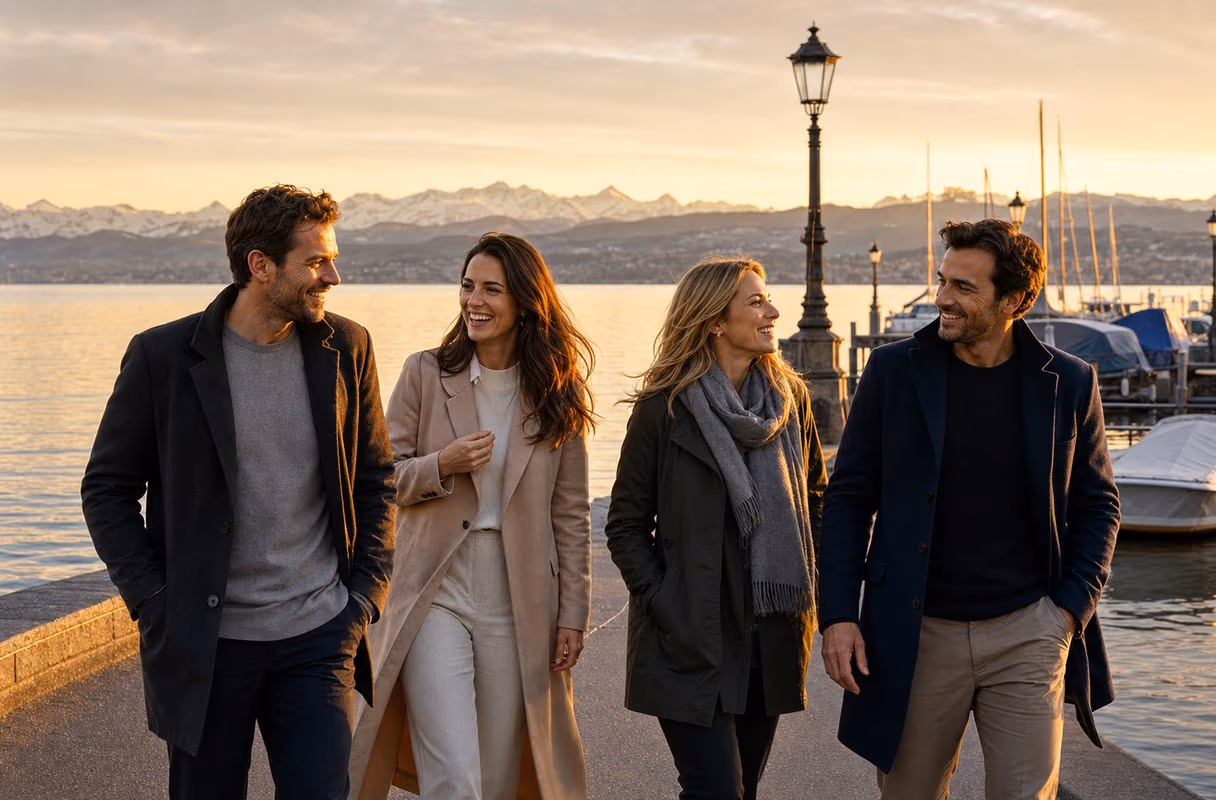 Une promenade au bord du lac de Zurich — le versant discret et bien organisé de la scène régionale Quatre personnes discutent sur une promenade au bord du lac à Zurich à l'heure dorée, les Alpes à l'horizon
