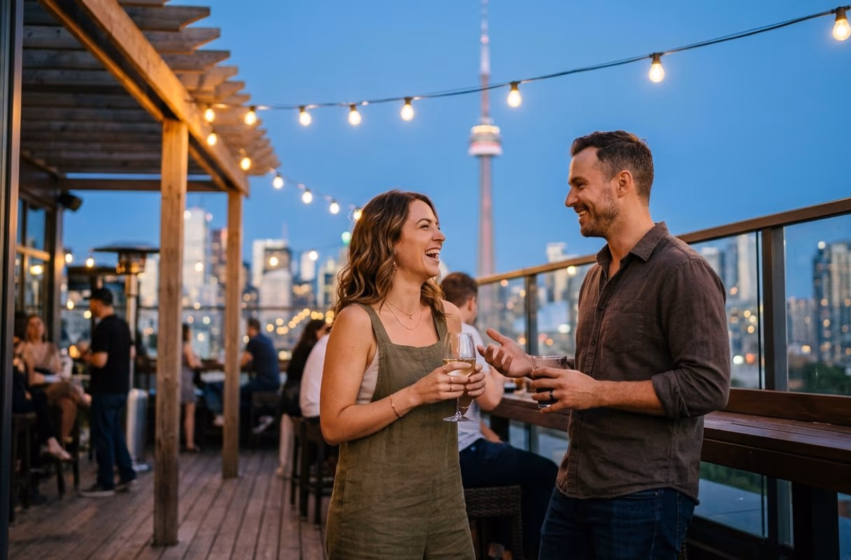 A couple talking on a rooftop patio with the Toronto skyline at dusk behind them