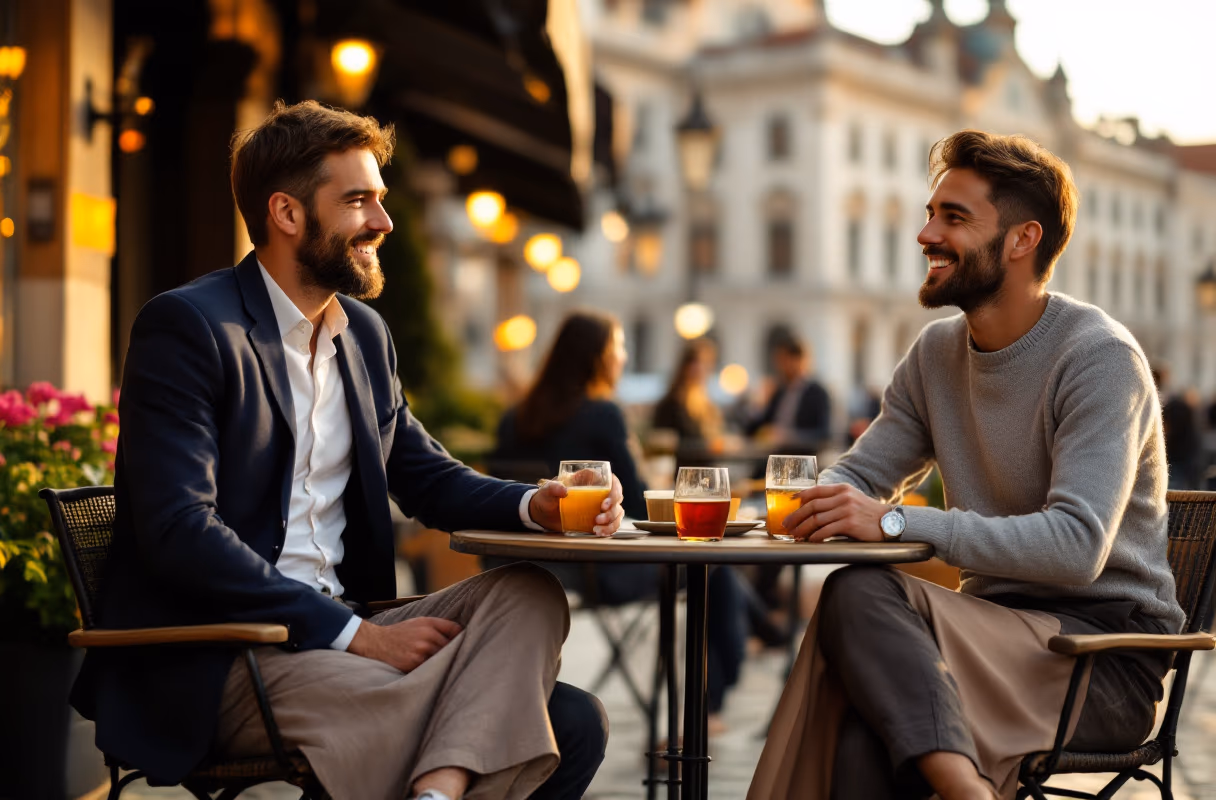 Eine kleine Gruppe auf einer Wiener Café-Terrasse zur goldenen Stunde