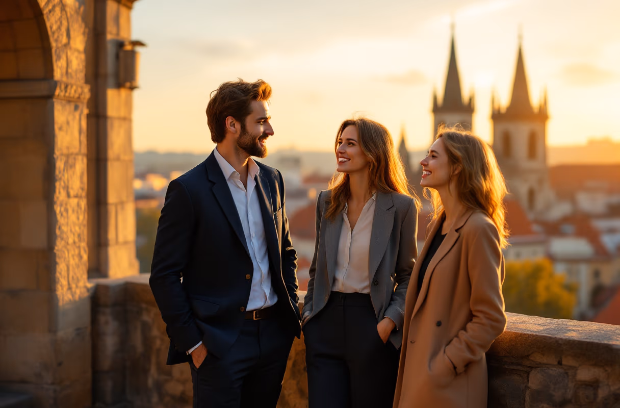 Eine kleine Gruppe auf einer Terrasse mit Blick über Prag zur goldenen Stunde