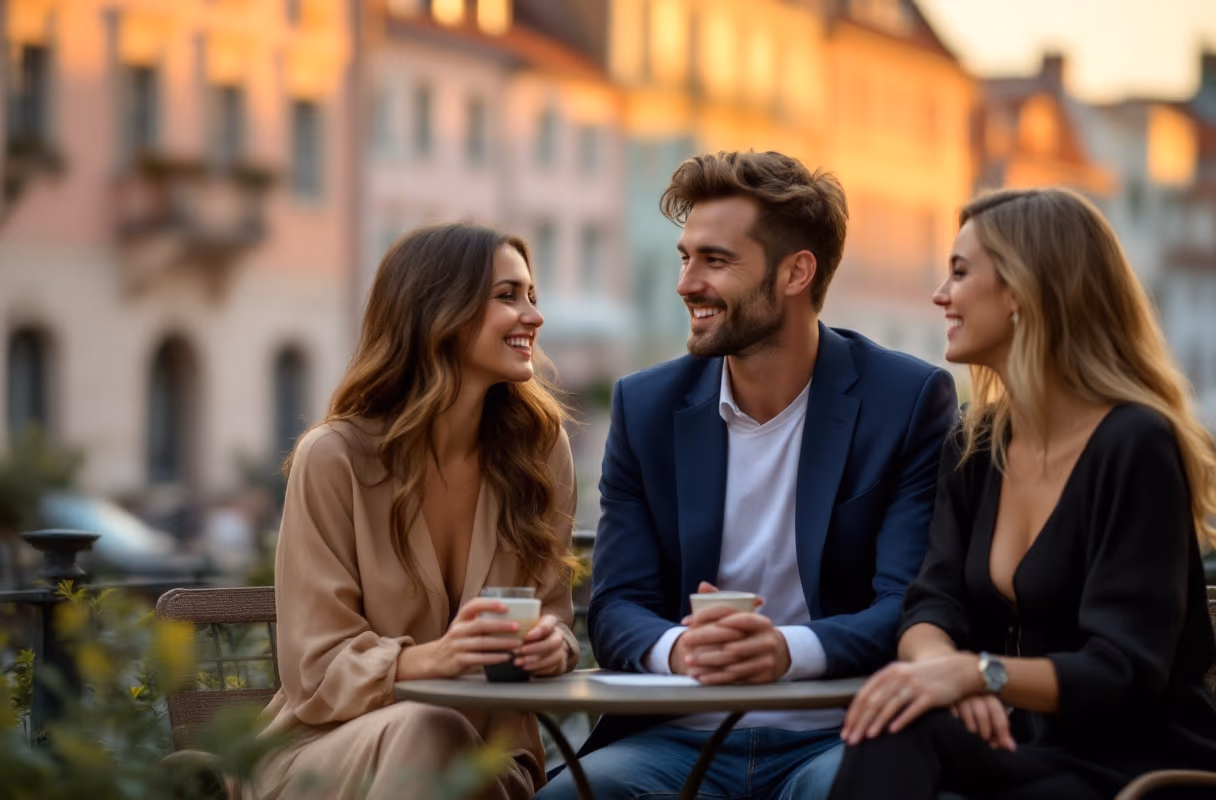 Eine kleine Gruppe auf einer Terrasse in der Altstadt von Bratislava zur goldenen Stunde