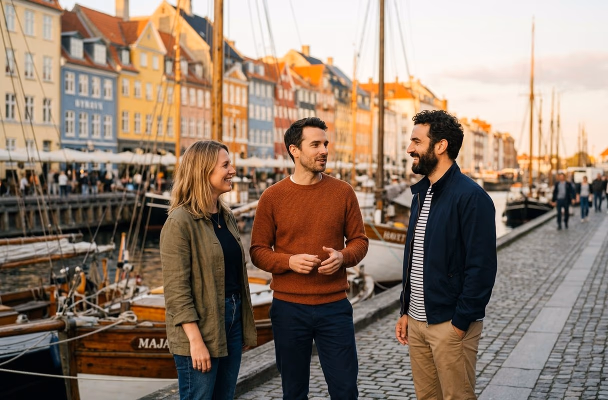 Een klein groepje langs de kleurrijke kade van Nyhavn in Kopenhagen tijdens het gouden uur