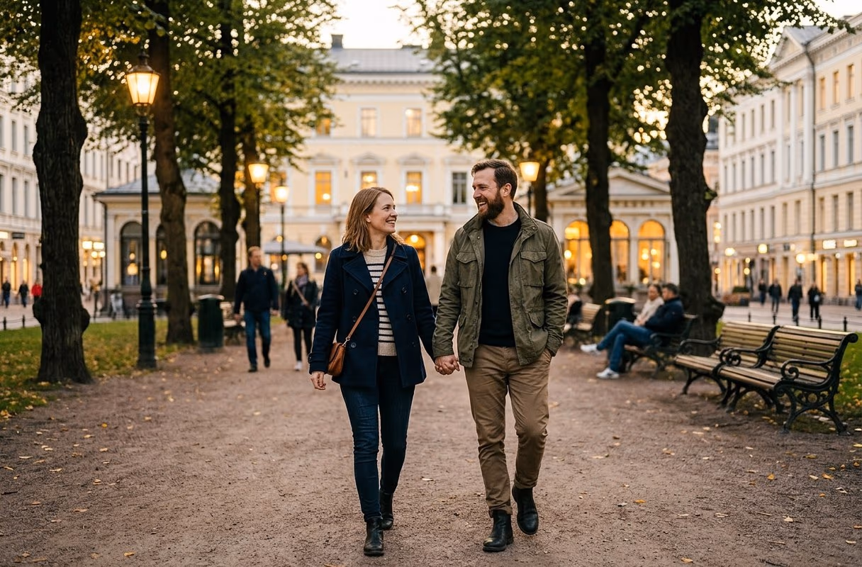 Een koppel op de met bomen omzoomde Esplanadi in het centrum van Helsinki bij het vallen van de avond