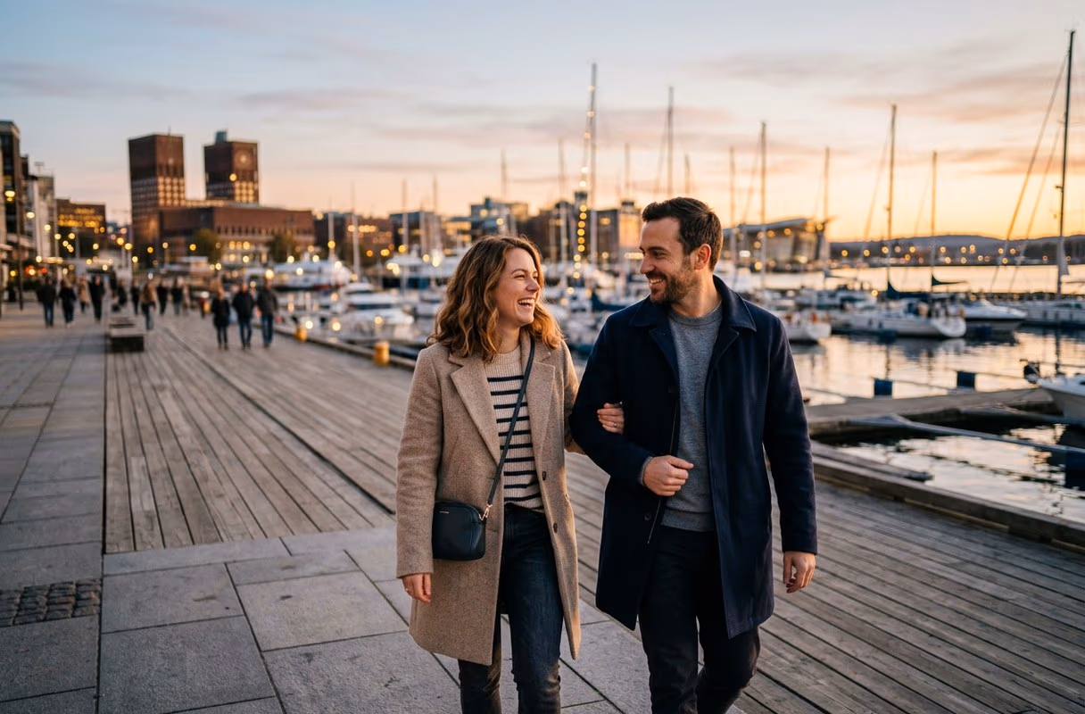 Een koppel op de kade van Aker Brygge in Oslo bij het vallen van de avond