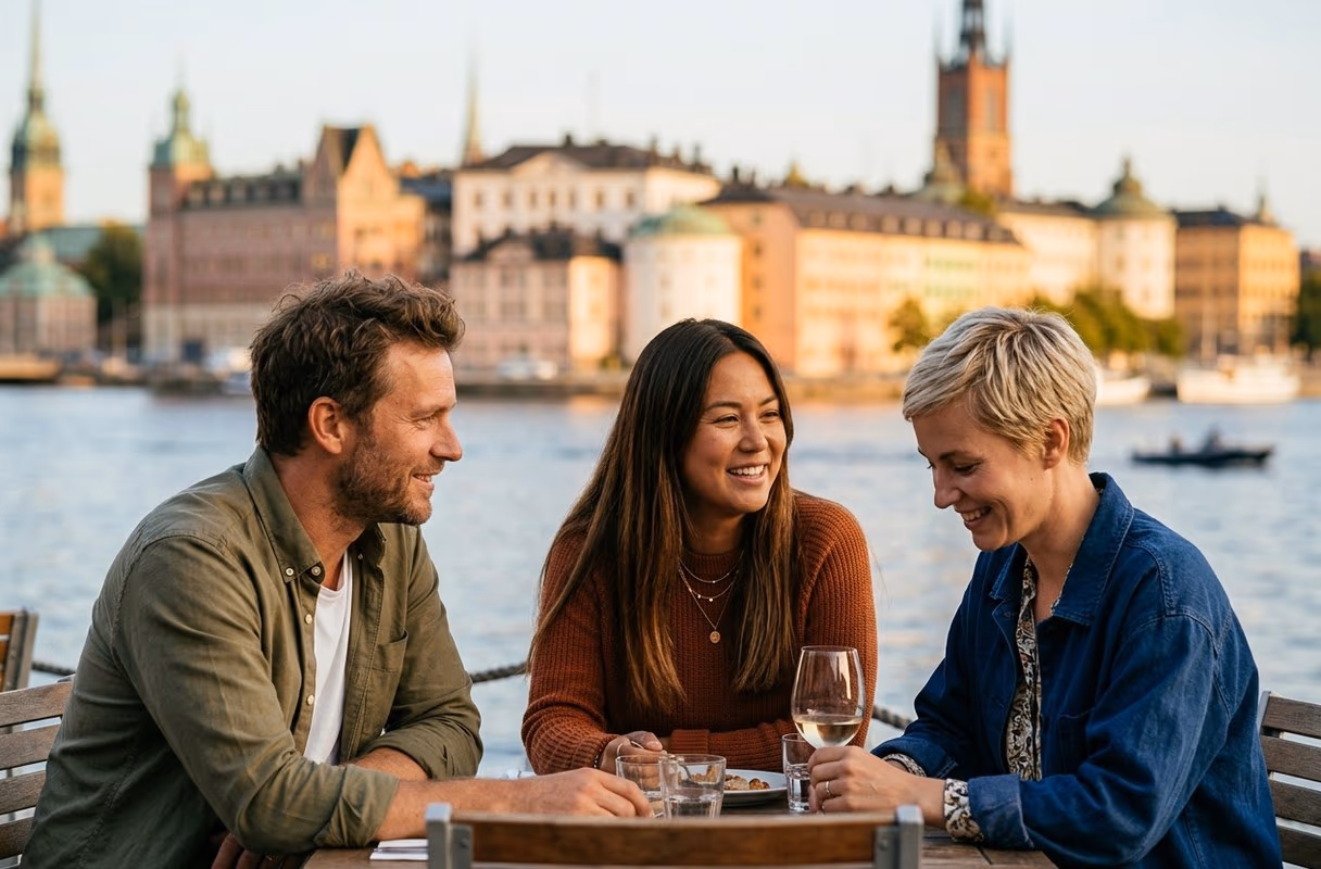 Een klein groepje op een terras aan het water in Stockholm tijdens het gouden uur